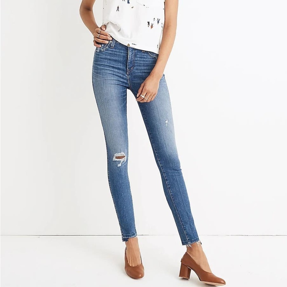 Madewell 10" High Rise Skinny Jeans Drop Step Hem 24P Blue Distressed Denim